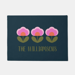 Cute Retro Pink Scandinavian Flower Personalized  Doormat