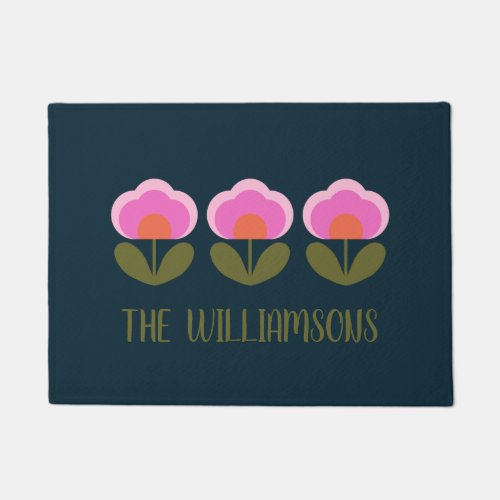 Cute Retro Pink Scandinavian Flower Personalized  Doormat