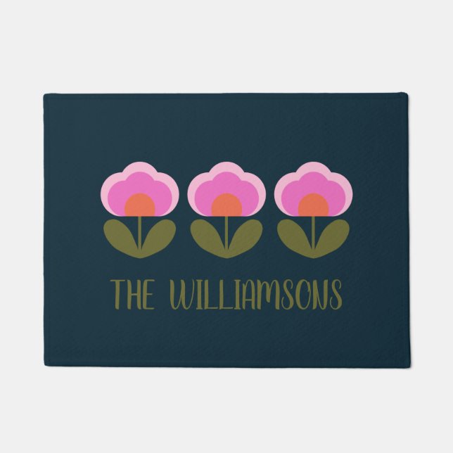 Cute Retro Pink Scandinavian Flower Personalized  Doormat (Front)