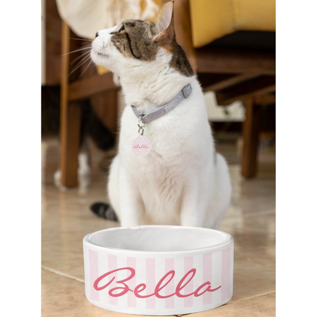 Cute Retro Pink Stripes Cat Kitty Pet Name Food Bowl (Cute Retro Pink Stripes Cat Kitty Pet Name Food Bowl)