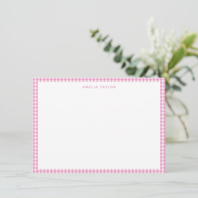 Cute Retro Pink White Gingham Plaid Personalized Note Card (Standing Front)