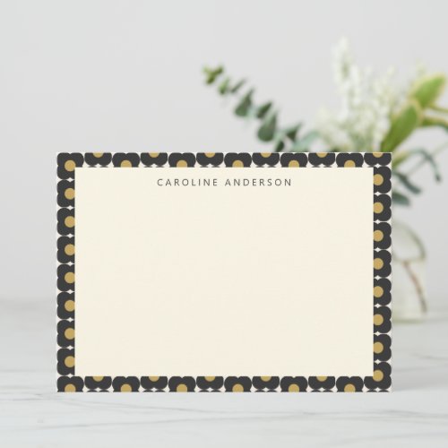 Cute Retro Pop Flower Black and Gold Personalized Note Card