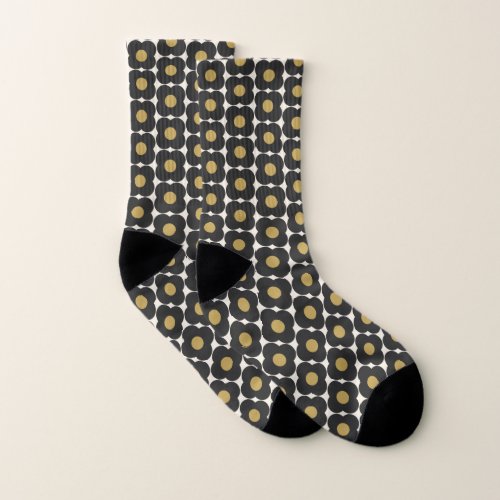 Cute Retro Pop Flower Pattern  Black and Gold  Socks