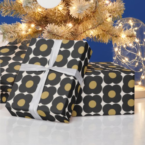 Cute Retro Pop Flower Pattern  Black and Gold Wrapping Paper