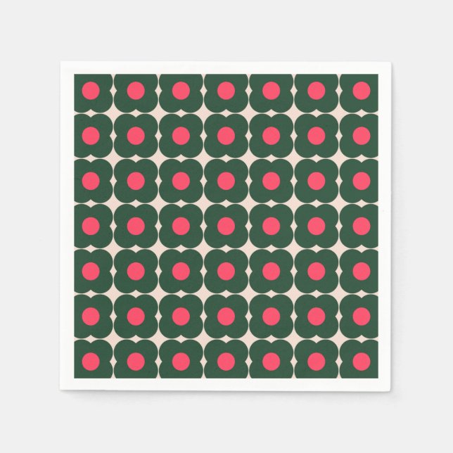 Cute Retro Pop Flower Pattern Christmas Green Pink Napkins (Front)