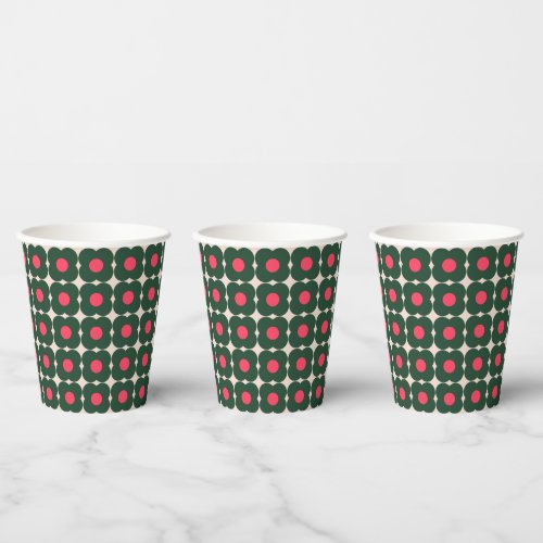 Cute Retro Pop Flower Pattern Christmas Green Pink Paper Cups