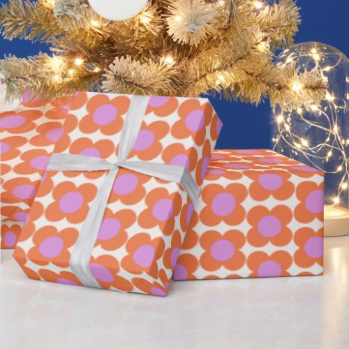 Cute Retro Pop Flower Pattern Pink and Orange  Wrapping Paper