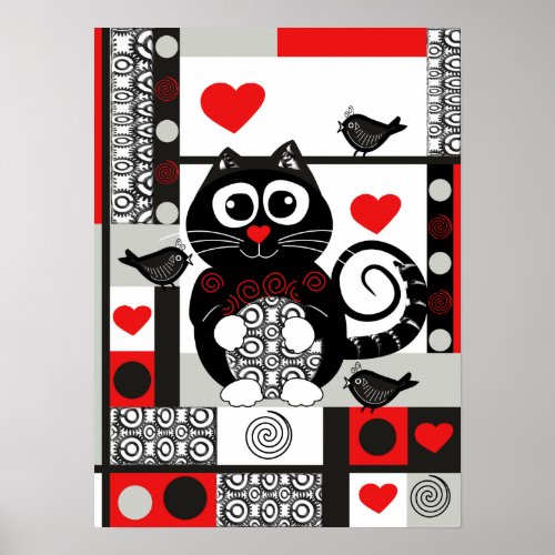 Cute retro poster with cat birds hearts and dots