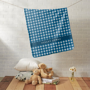 Cute Retro Preppy Blue Gingham Personalized Name Baby Blanket