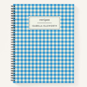 Cute Retro Preppy Blue Gingham Personalized Recipe Notebook