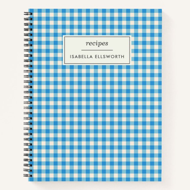 Cute Retro Preppy Blue Gingham Personalized Recipe Notebook (Front)