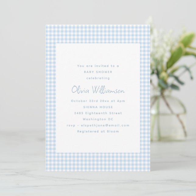 Cute Retro Preppy Light Blue Gingham Baby Shower Invitation (Standing Front)