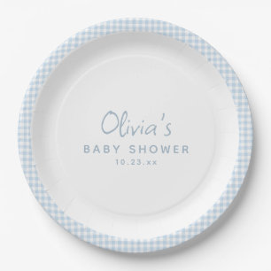 Cute Retro Preppy Light Blue Gingham Baby Shower Paper Plates
