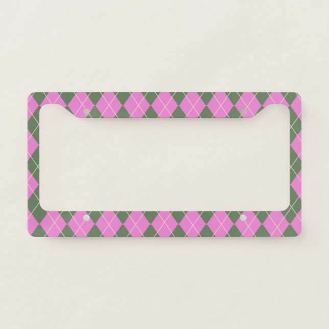 Cute Retro Preppy Pink and Green Argyle Pattern License Plate Frame (Front)