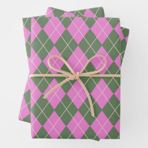 Cute Retro Preppy Pink and Green Argyle Pattern Wrapping Paper Sheets