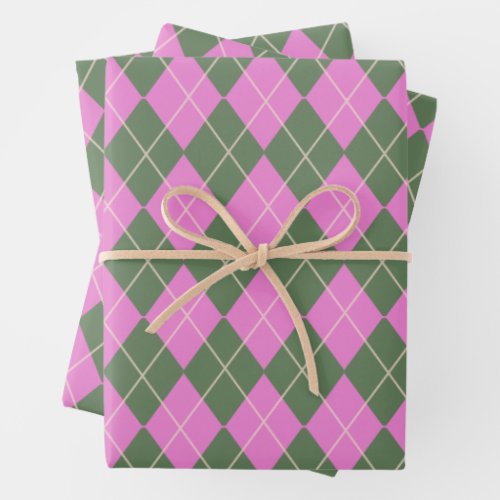Cute Retro Preppy Pink and Green Argyle Pattern  Wrapping Paper Sheets
