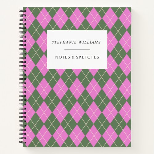 Cute Retro Preppy Pink Green Argyle Personalized Notebook