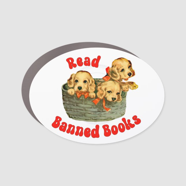 Cute Retro Puppies - Read Banned Books Car Magnet (Front)