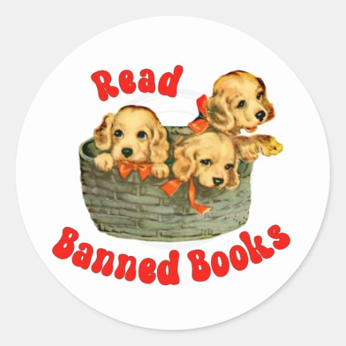Cute Retro Puppies _ Read Banned Books Classic Round Sticker