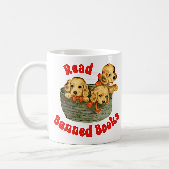 Cute Retro Puppies - Read Banned Books Coffee Mug (Left)