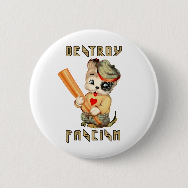 Cute Retro Puppy - Destroy Fascism Button (Front)