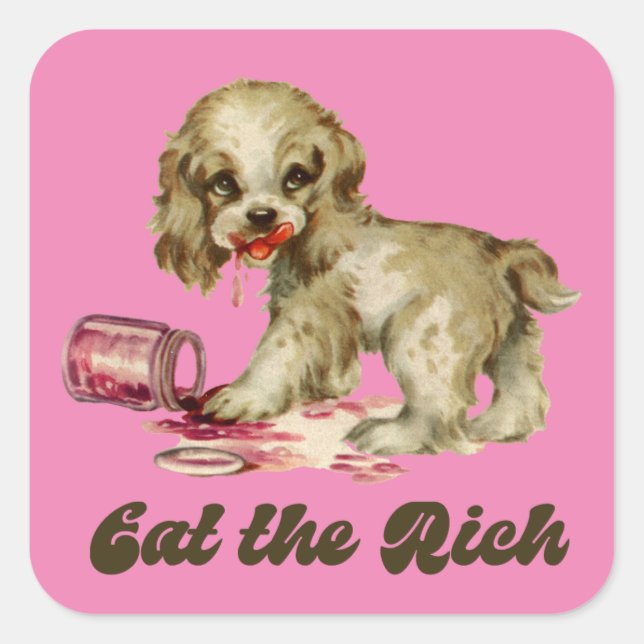 Cute Retro Puppy - Eat the Rich Square Sticker (Front)