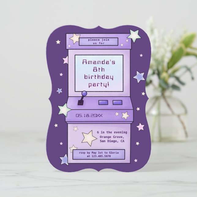 Cute Retro Purple Arcade Game Kids Birthday Invitation (Standing Front)