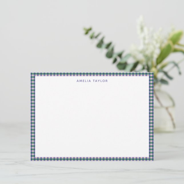 Cute Retro Purple Green Gingham Plaid Personalized Note Card (Standing Front)