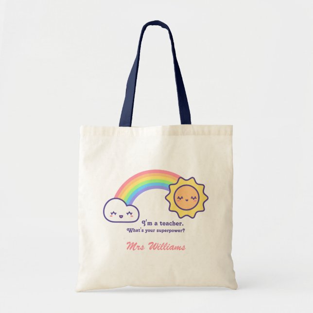 Cute Retro Rainbow And Sun Custom Teacher Name Tote Bag (Front)