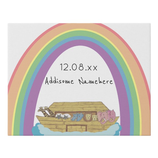 Cute retro Rainbow Noah's Ark on White Faux Canvas Print (Front)