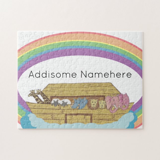 cute retro Rainbow Noah's Ark on White Jigsaw Puzzle (Horizontal)
