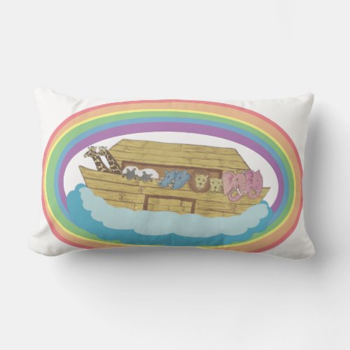 Cute retro Rainbow Noahs Ark on White Lumbar Pill Lumbar Pillow