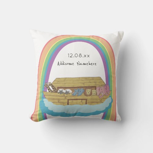 Cute retro Rainbow Noahs Ark on White Throw Pillow
