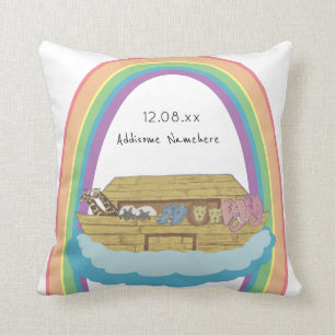 Cute retro Rainbow Noah's Ark on White Throw Pillow