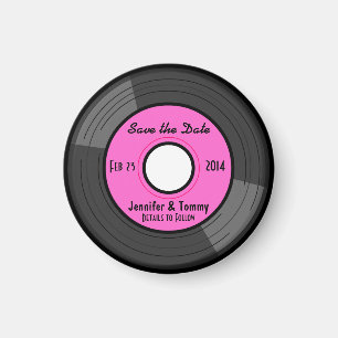 Cute Retro Record Save the Date Magnet - Pink