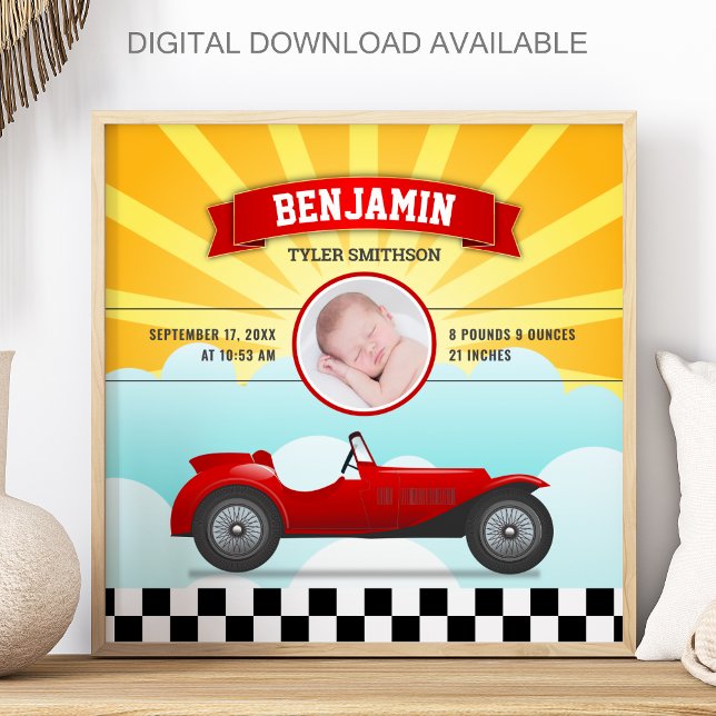Cute Retro Red Race Car Baby Photo Birth Stats Poster (Creator Uploaded)