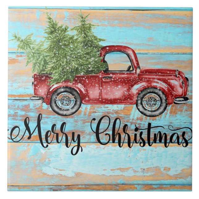Cute Retro Red Truck Country Christmas Ceramic Tile (Front)