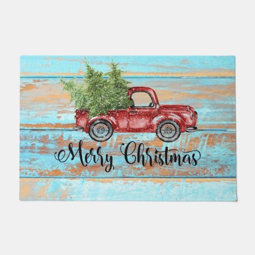 Cute Retro Red Truck Country Christmas Doormat
