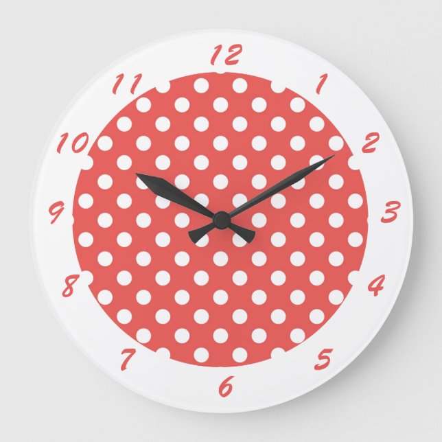 Cute Retro Red White Polka Dot Large Clock (Front)