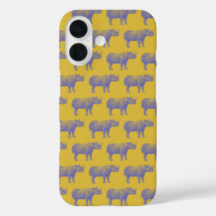 Cute Retro Rhino Rhinoceros Pattern Yellow Purple iPhone 16 Case