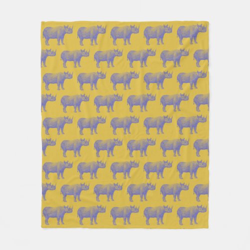 Cute Retro Rhino Rhinoceros Pattern Yellow Purple  Fleece Blanket
