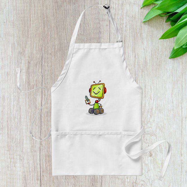 Cute Retro Robot Cartoon Fun AI Tech Digital Art  Adult Apron (Creator Uploaded)
