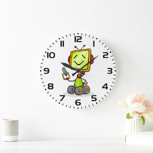 Cute Retro Robot Cartoon Fun AI Tech Digital Art Large Clock