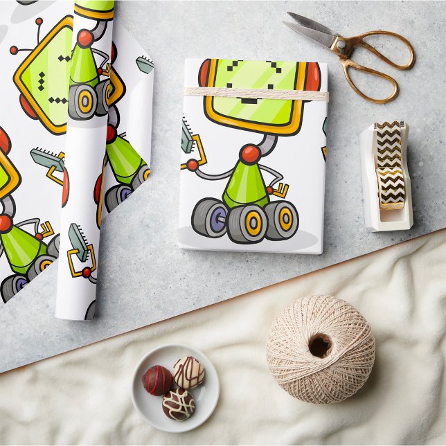 Cute Retro Robot Cartoon Fun AI Tech Digital Art  Wrapping Paper (Creator Uploaded)