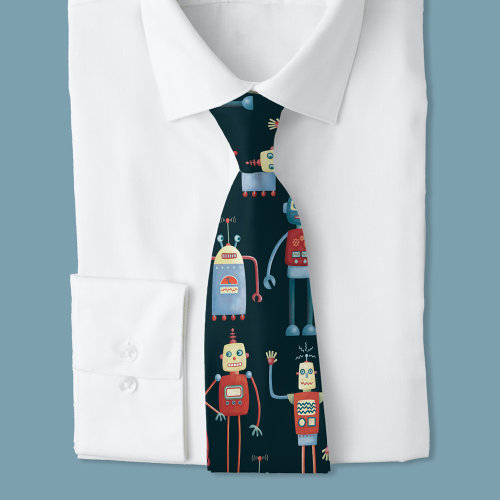 Cute Retro Robot Pattern Dark Neck Tie