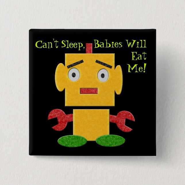 Cute Retro Robot - Yellow - Cant Sleep Pinback Button (Front)
