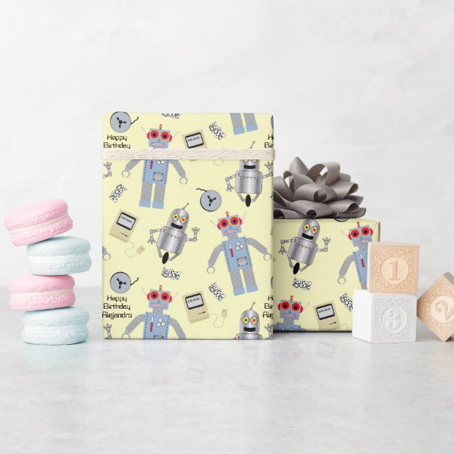 Cute Retro Robots and Computers Custom Message Wrapping Paper (Baby Shower)