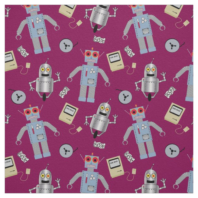 Cute Retro Robots and Computers Fabric (Swatch)