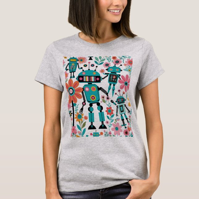 Cute Retro Robots And Flowers T-Shirt (Front)