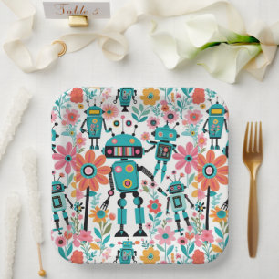 Cute Retro Robots And Pink Flowers Paper Plates